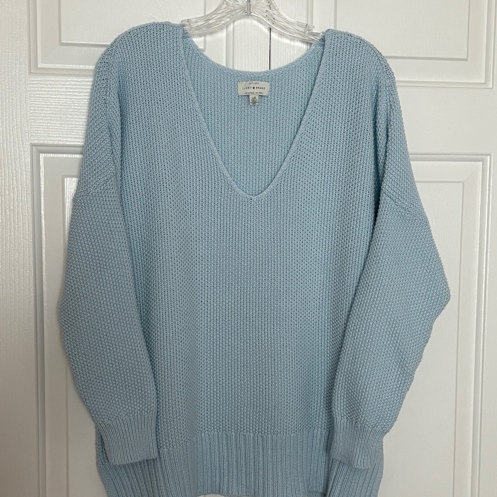 Light Blue, Baby Blue Lucky Brand Cotton-Blend Pullover V-Neck Sweater